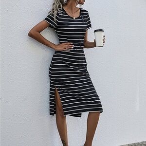 SHEIN Black & White Striped Midi Tee Dress with Side Slit